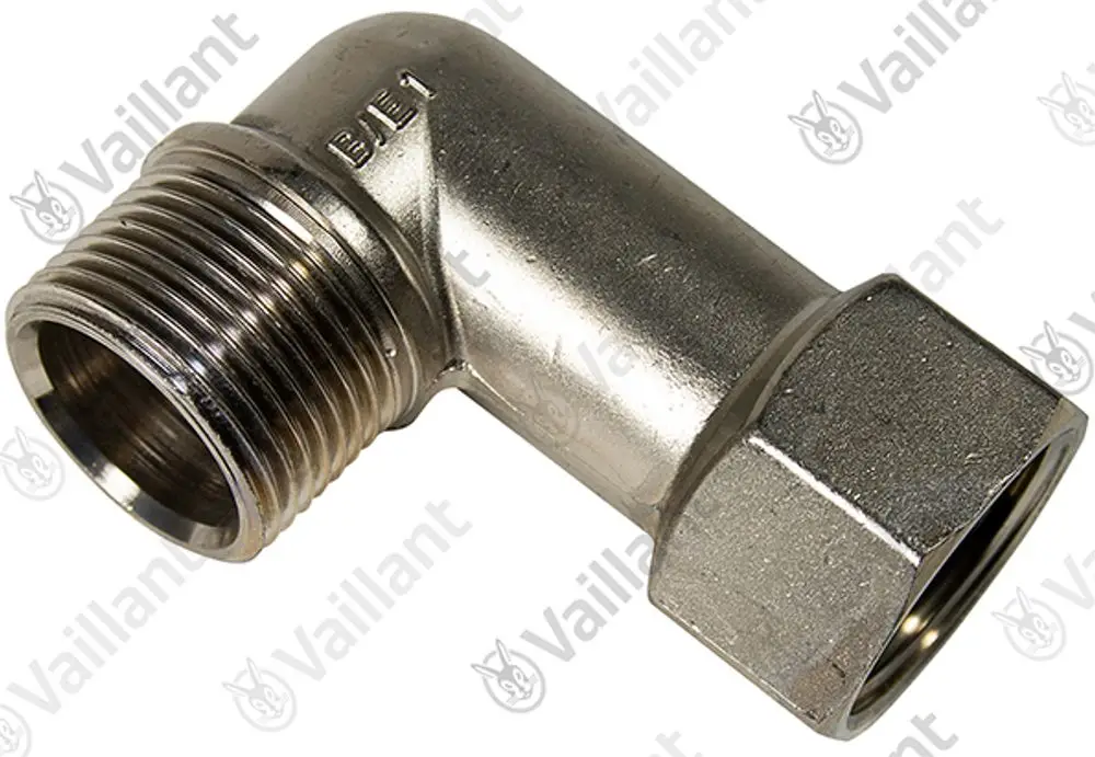 Anschlusswinkel aus Metall mit einem gewellten Rohrende und einem Außengewinde, verwendet für Verbindungen in Heizsystemen. Marke Vaillant.